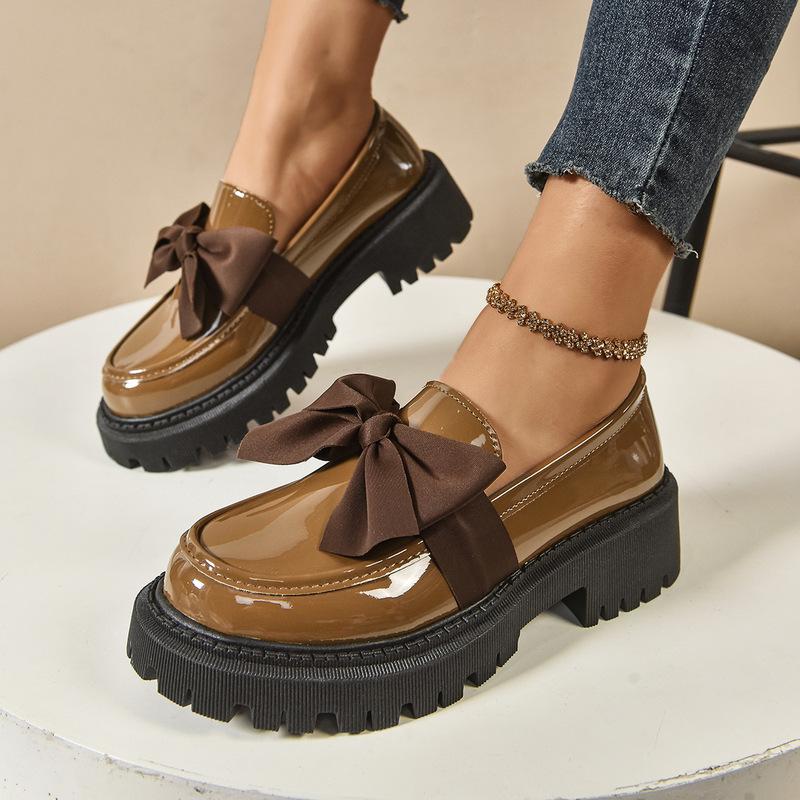 Cross-Border Bow Loafers for Women 2025 Export Korean Style Thick-Soled Medium-Heeled Lazy British Style Retro Small Leather Shoes for Women Cross-Border Bow Loafers for Women 2025 Export Korean Style Thick-Soled Medium-Heeled Lazy British Style Retro Small Leather Shoes for Women