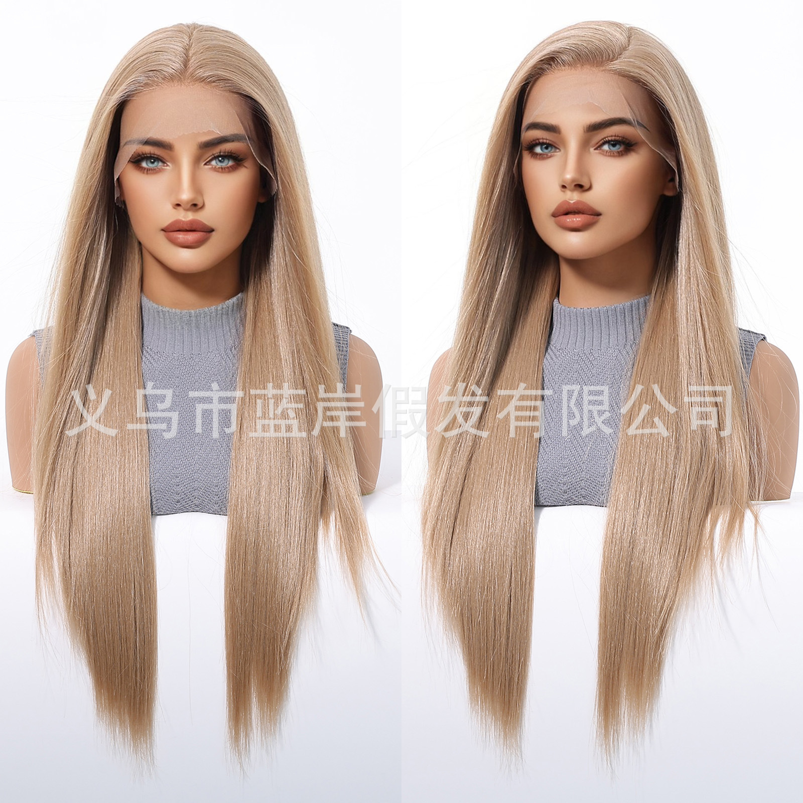 Peluca tejida a mano de encaje de gran área transfronteriza 13*6, cabello largo y liso dorado, costura libre, estilo de temperamento, punto de fábrica