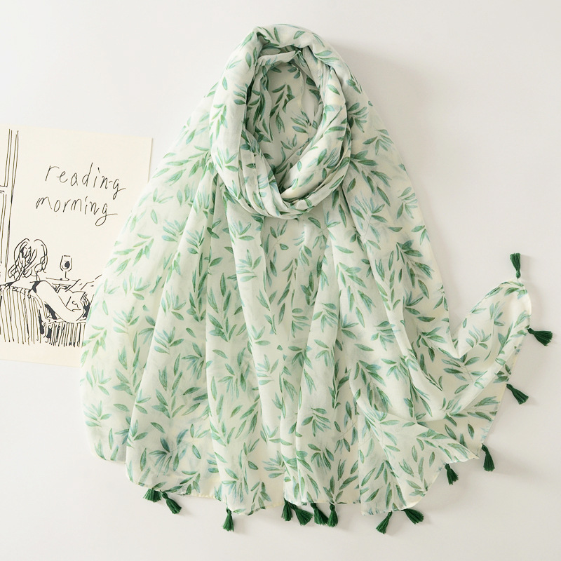 Primavera y verano hojas verdes frescas elegante algodón y lino sensación bufanda viajes al aire libre decorativo chal largo borla bufanda