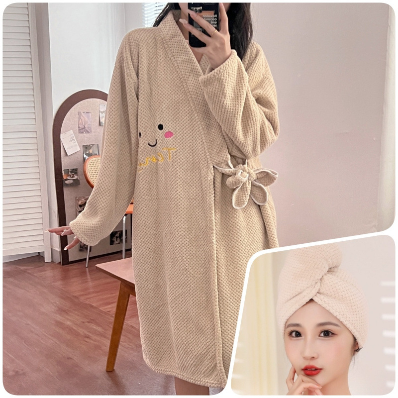 [긴팔 목욕스커트] + [단층 드라이 헤어캡] - 라이트 브라운