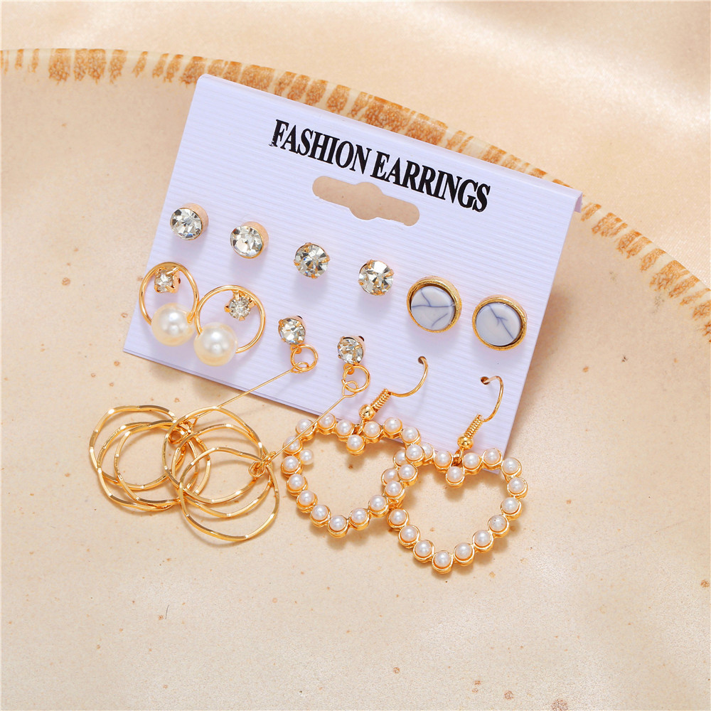 Koreanische Perlenherz Kreis Diamantohrringe 6teiliges Set Grohandel Nihaojewelrypicture6