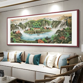 流水生财山水画客厅挂画靠山图西墙聚财沙发背景墙装饰画中式壁画