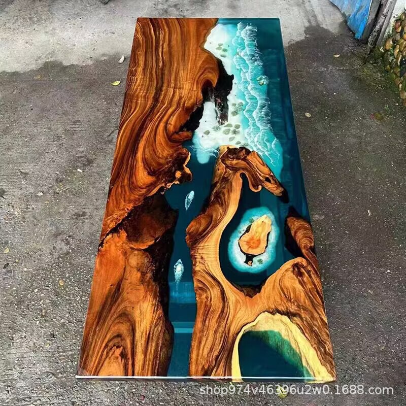 Resin River Table Solid Wood Large Table Tea Table Teak Office Desk New Chinese Style Wave Resin Cross-Border