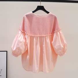粉色灯笼袖娃娃衫女针织拼接棉布宽松衬衣2024夏季甜美木耳边衬衫