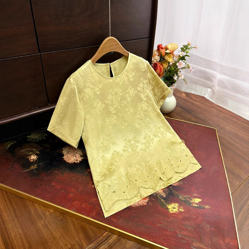 New Chinese Style Embroidered Short-Sleeved 2025 Summer New Breathable Retro Vintage Silk Jacquard Top Cool National Style Shirt