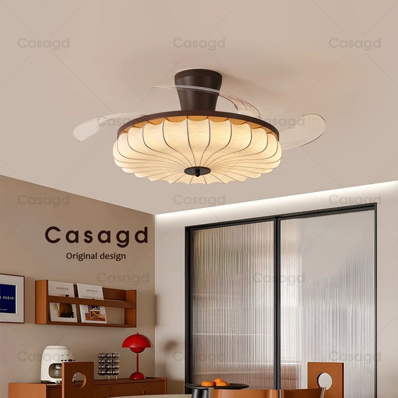 Vintage Ceiling Fan Light for Bedroom, Fabric Lamp in Wabi-Sabi Style, Retro Dining Room Invisible Blade Ceiling Fan Light Casagd