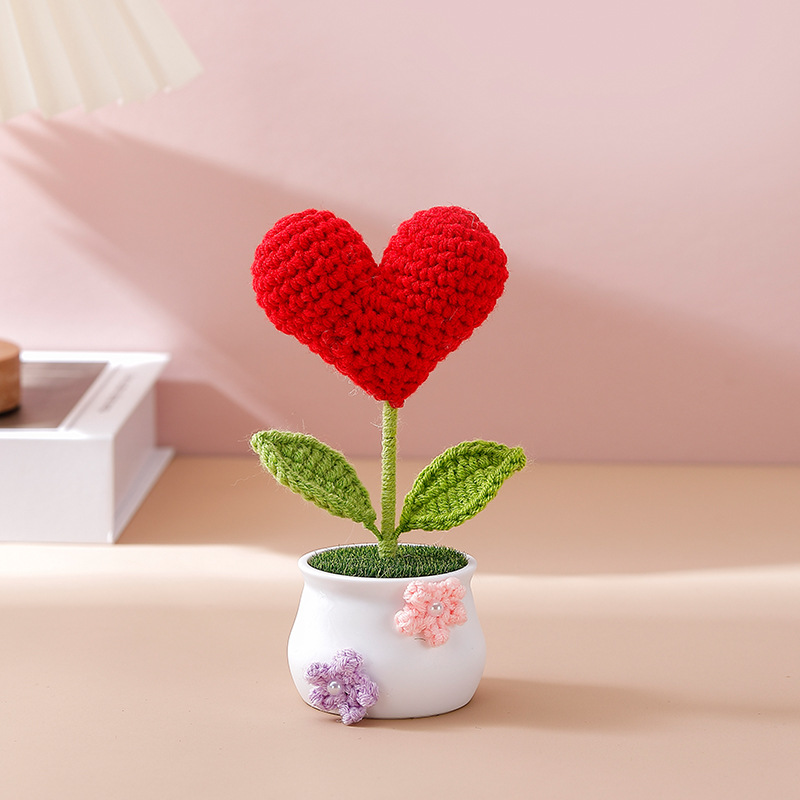 Terminado pequeña olla tejida a mano girasol lirio escritorio coche pequeña decoración regalo de cumpleaños regalo de graduación