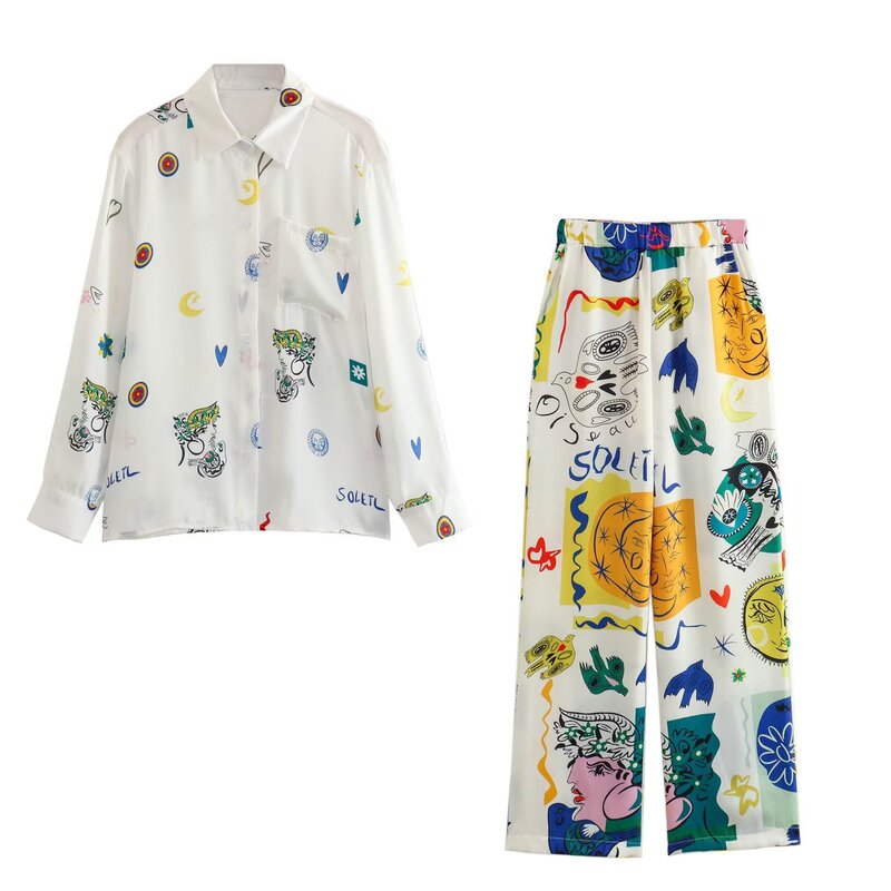 Foreign Trade 2023 European and American Summer New Fashion Lapel Printed Flap Pocket Pants Long-Sleeved Fancy Top Shirt 20307