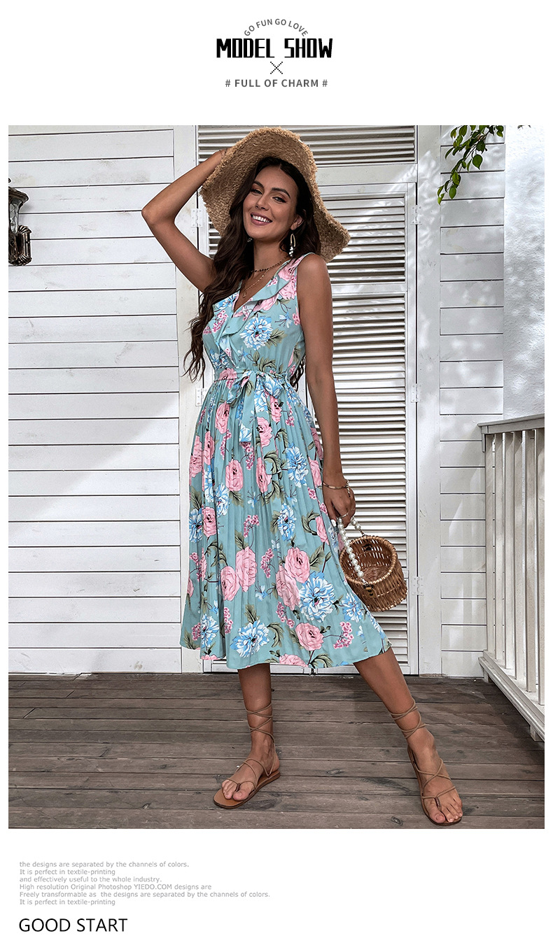 pleated flower print ruffled lace-up backless v neck dress NSDMB127447