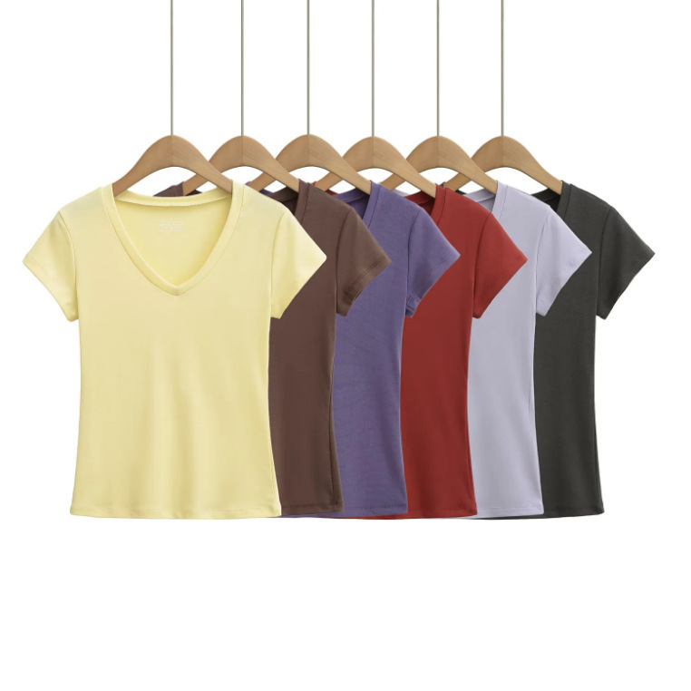 Deep V-Neck Short-Sleeve T-Shirt for Women, 2026 Summer New American Style Spicy Girl Style, Solid Color Basic Shoulder-Length Top Deep V-Neck Short-Sleeve T-Shirt for Women, 2026 Summer New American Style Spicy Girl Style, Solid Color Basic Shoulder-Length Top