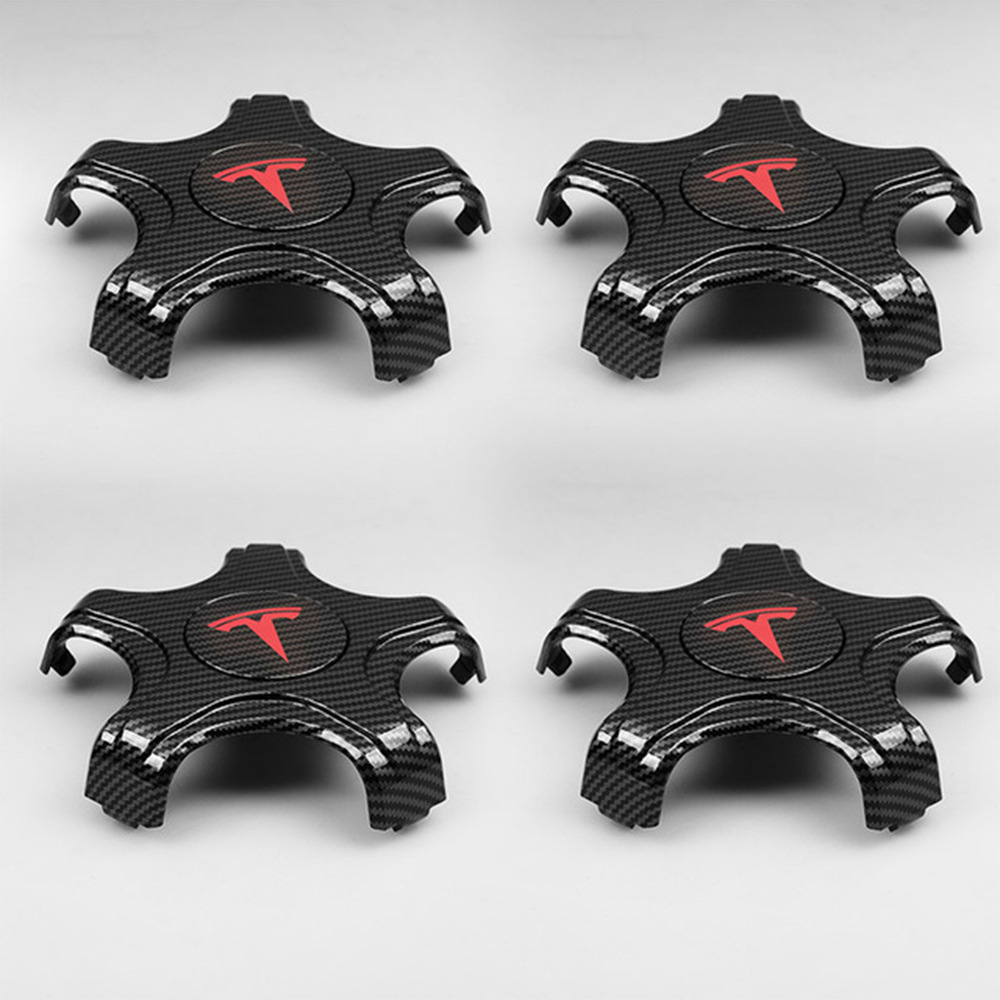 Wheel Logo Cover, Tesla Hub cover - carbon-fiber-red-logo-set-of-4-upgraded