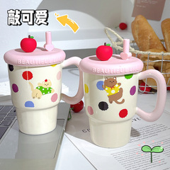 かわいい猫ストローカップセラミックマグギフトカップ高価値カップルウォーターカップ児童学生カップオフィスカップ