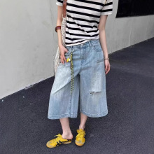 夏季浅色美式水洗蓝破洞牛仔裤女高腰显瘦阔腿七分裤裤子女款