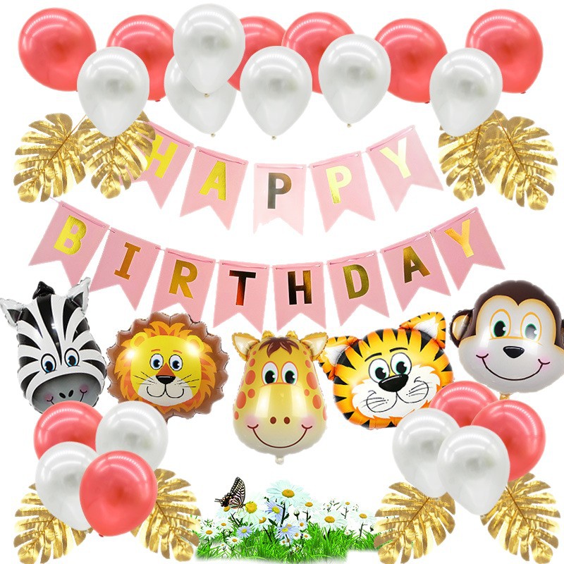 Bosque DE LOS NIÑOS Tema de animales cola de pez tire bandera fiesta de cumpleaños decoración Paquete de globos bebé años de edad decoración del partido
