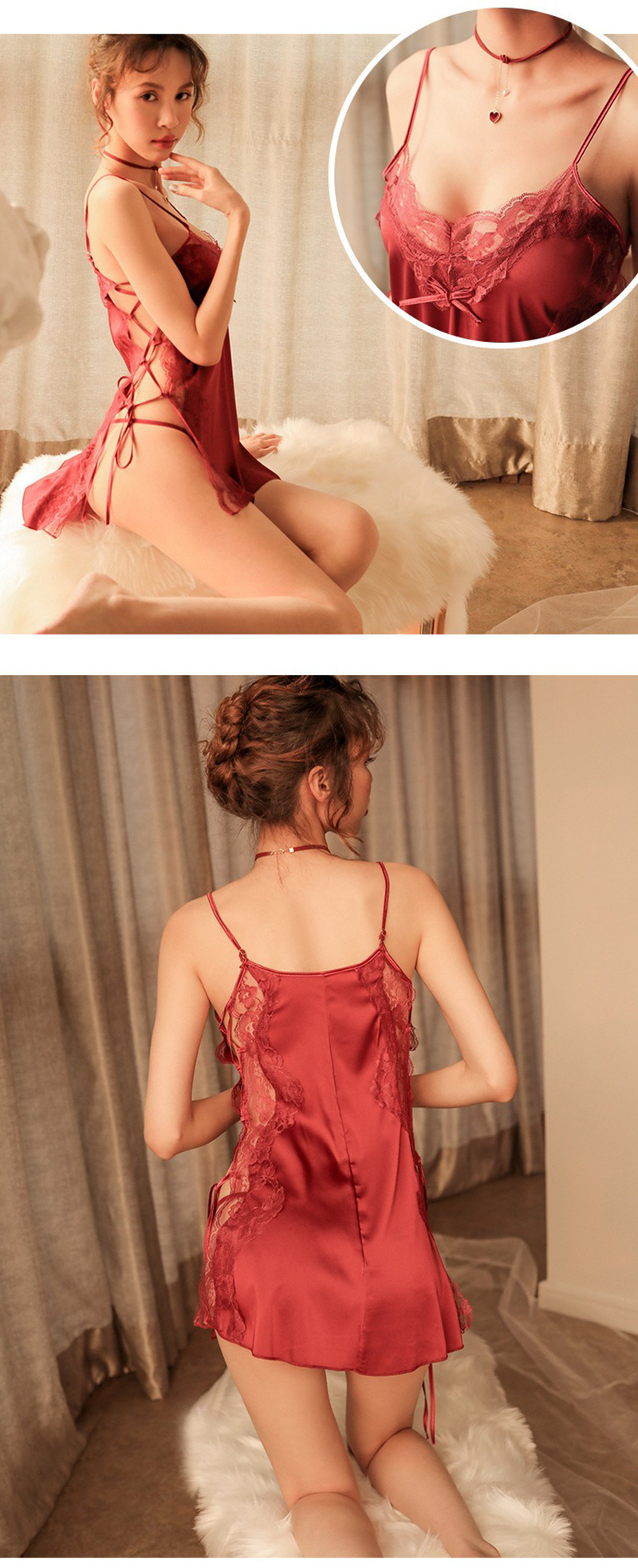 Imitation Silk Slit Babydoll Nightgown with Shoulder Straps, Backless Plus-Size Blue Set — detail image 17