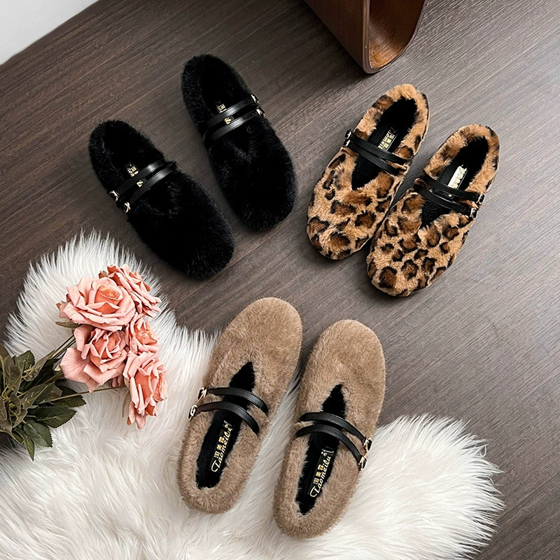 Wool shoes women wear 2024 new flat shallow mink bean bean shoes plus velvet large size women's shoes 41 43