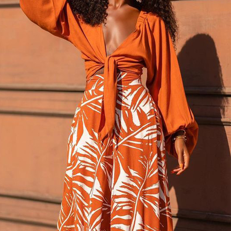 Women's Clothing new women's fashionable temperament printed pants V neck top long sleeved two piece set_voghion.com
