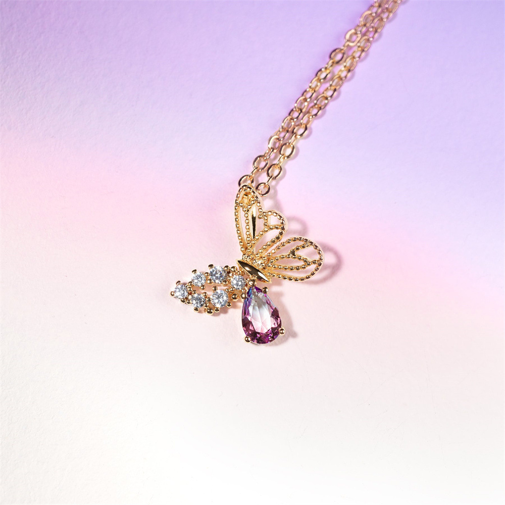 Vintage Hollow Butterfly Pink Rhinestone Alloy Necklace Wholesale display picture 4