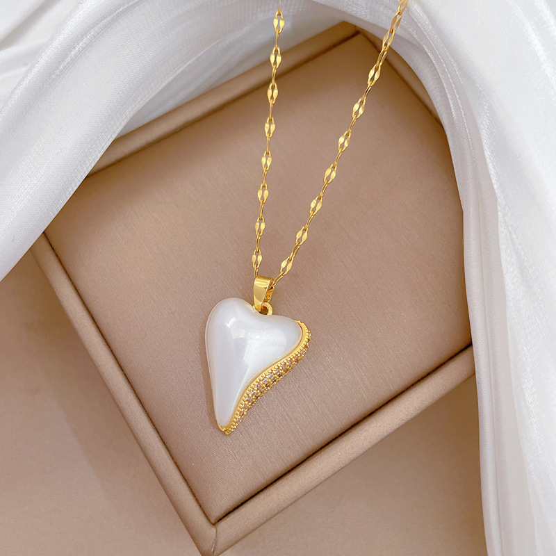 Collana elegante a cuore con perla e diamanti in acciaio_voghion.com