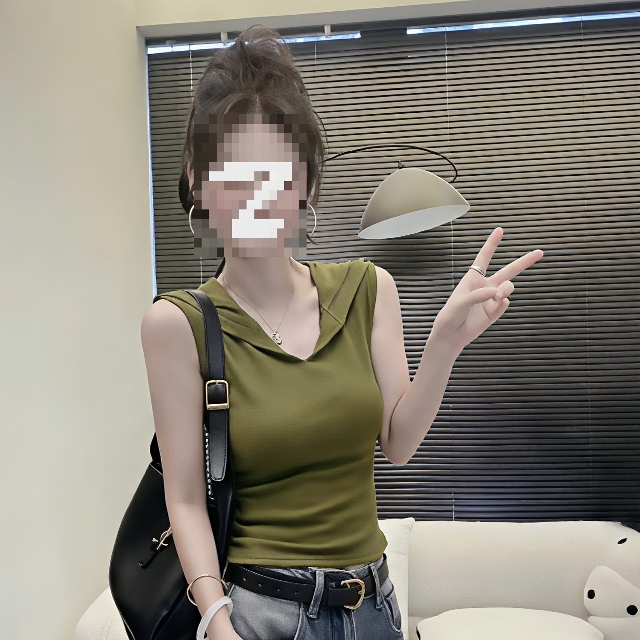 25 Years New Summer Pure Color Korean Style Casual Work Clothing Style Pure Desire Hooded Large V Neck Design Slimming Look Vest T-Shirt