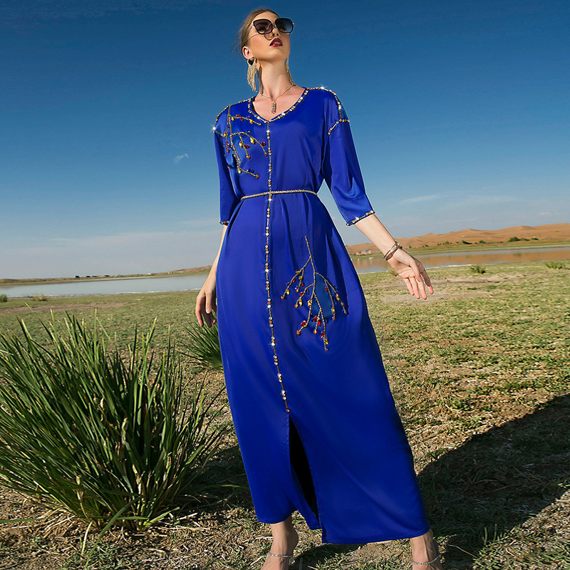 New Style Royal Blue Satin Mid-Sleeve Long Dress Travel Ready Women's Clothing in Stock