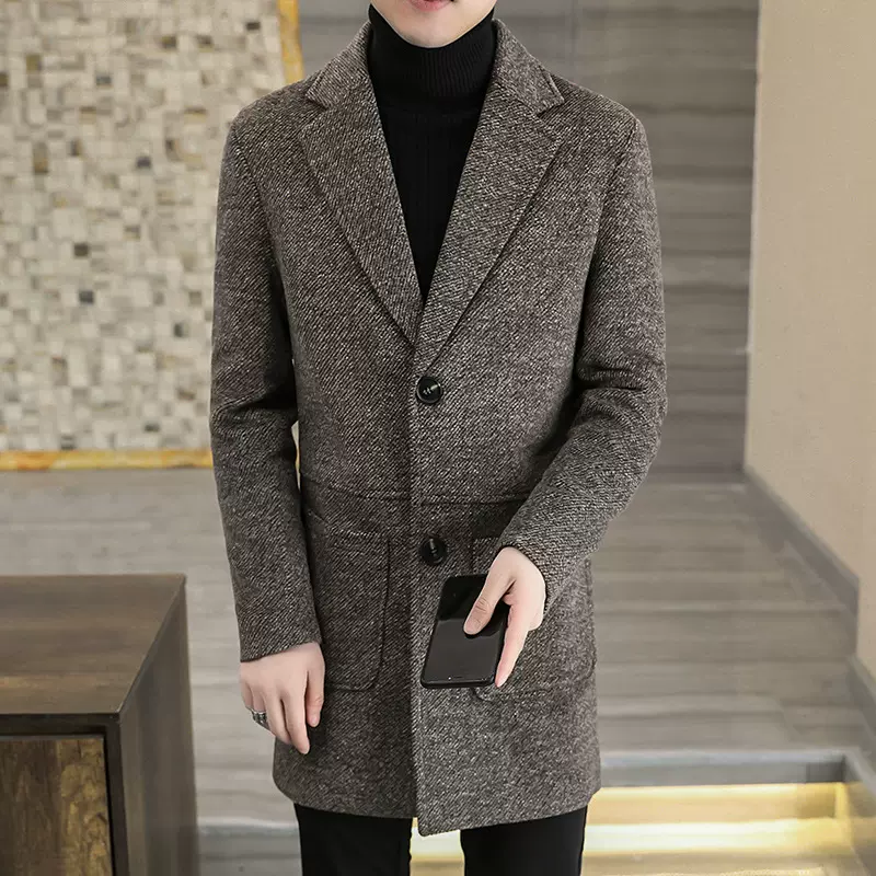秋冬新款男款呢子大衣青年韩版休闲长外套毛呢大衣男现货批发