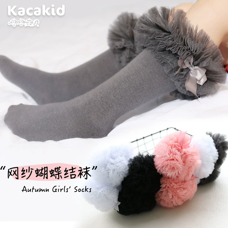 Детские хлопковые носки с бантиками, пушистые сетчатые носки-принцессы, милые детские танцевальные носки до середины голени для младенцев и малышей оптом