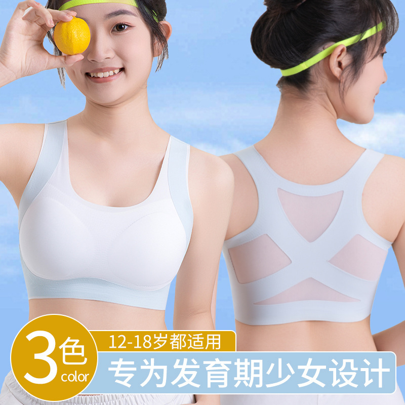 Girls' Seamless Development Period Underwear for Junior High School Students and High School Students Corrective Wire-Free Beautiful Back Bra Anti-Exposure Sports Vest