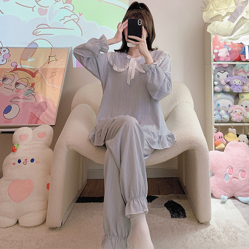 Princess Style Pajamas Women's Spring and Autumn Cotton Long Sleeve 2024 New Summer Home Suit A031# Fog Blue