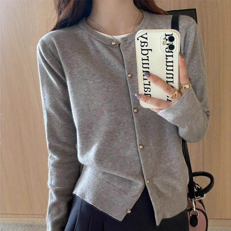 New Gray Knitted Cardigan Women's Autumn Outer Sweater Jacket Early Autumn Thin Long-Sleeved Top