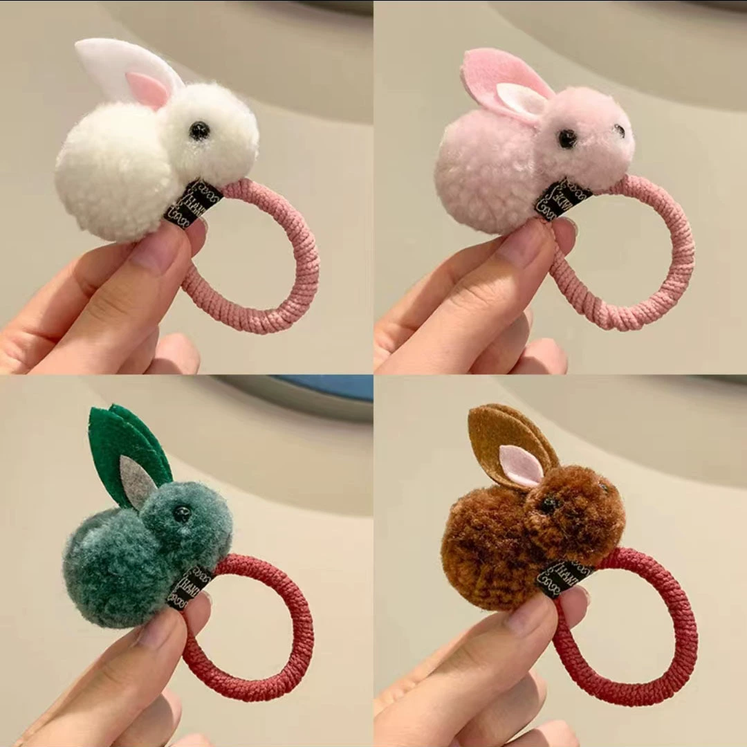 Demi-season cute plush three dimensional rabbit, cartoon hairgrip, children's hair rope, wholesale