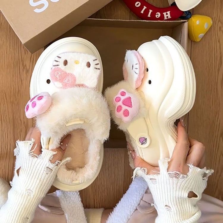 可爱凯蒂猫厚底毛毛鞋女2025秋冬新款少女心猫爪加绒保暖包头拖鞋|undefined
