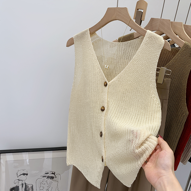 Tweed Style Cut Out V Neck Thin Sleeveless Knitted Vest for Women 2025 Summer New Style Beautiful Top for Outer Wear