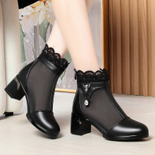 夏季新款女网靴子凉鞋镂空粗跟蕾丝网纱真皮高跟高帮女凉靴子