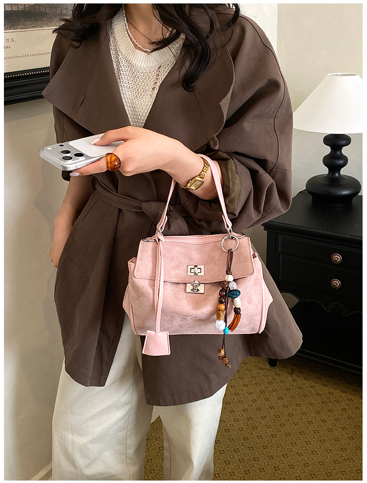 Suede Buckle Flap Convertible Handle Satchel Bag 37