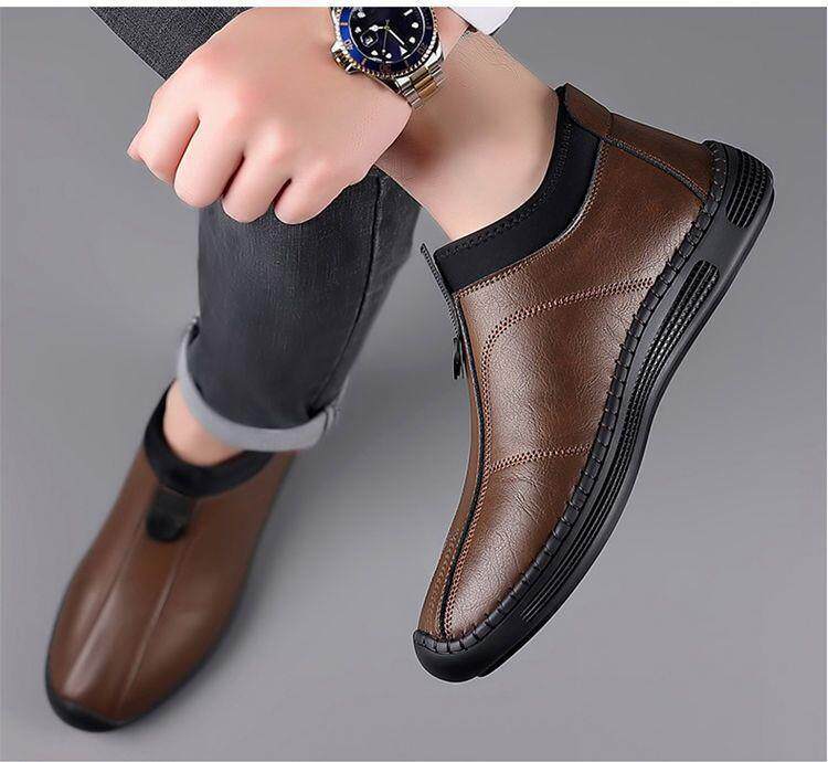 Bốt nam cổ trung lót lông giữ ấm chống trượt, giày da lười đế bằng — giày nâu, giày đen, Lông cừu đen, Màu nâu cộng với nhung chi tiết 24