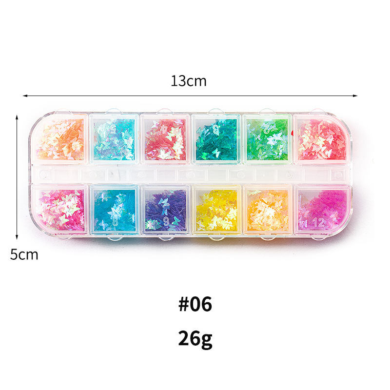 Taifei uñas caja de tira larga lentejuelas 12 rejilla caja de tira larga parche de uñas DIY uñas lentejuelas uñas traje de joyería