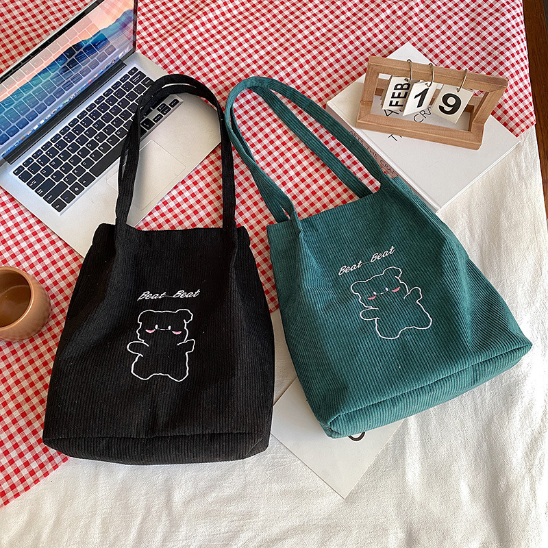 도매/귀여운 캔버스 가방 코듀로이 자수 숄더백 New ins 핸드백 코듀로이 학생 클래스 가방