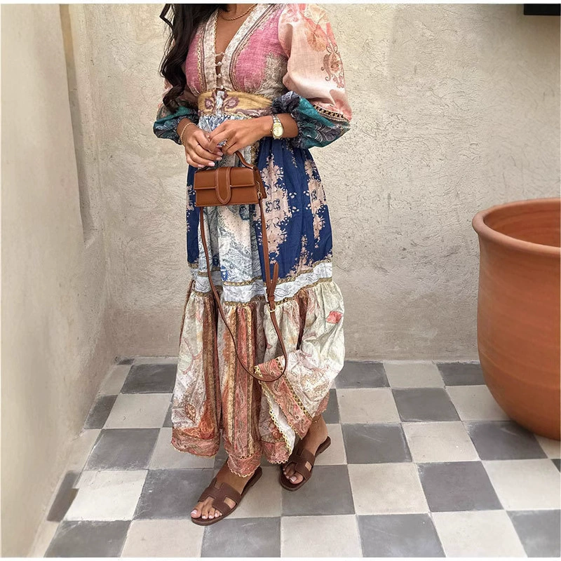 2025 новое трансграничное платье Amazon в ретро-стиле с этническим принтом, длинные пышные рукава, женское платье для отпуска и повседневной носки