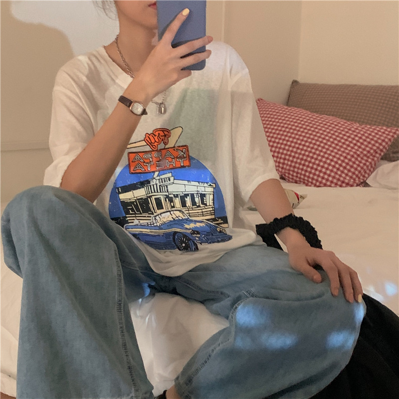 Dam t-shirt med cartoon tryck lös passform sommar topp_voghion.com
