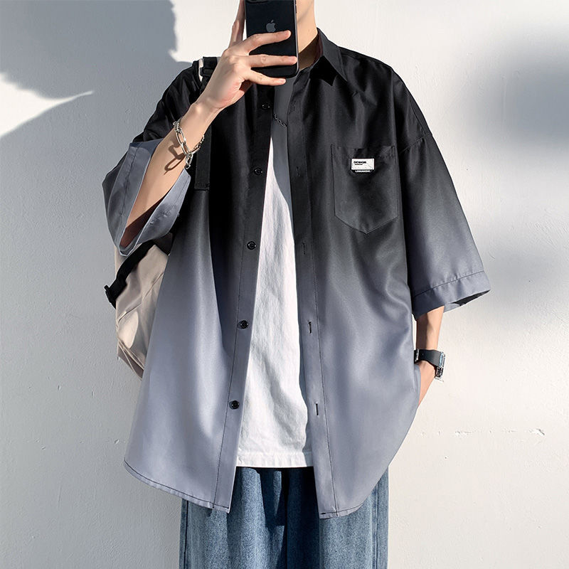 2025 Ice Silk Gradient Short Sleeve Shirt Men's Summer Style Loose Casual Men's Trendy Boys Sleeve Shirt Jacket