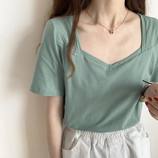 French Style Collarbone 4 Summer New Collar Short-sleeved Shirt Women's Top Small Design Tide