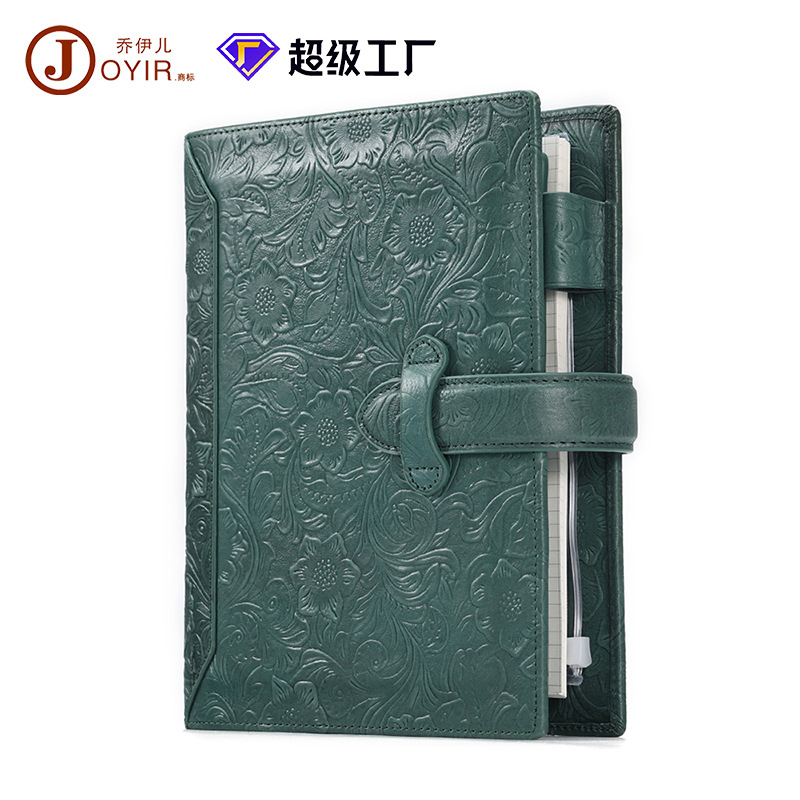 Genuine leather Chinese-style pressed flower wire-bound notebook with removable blank inner pages A5 business memo book vintage wire clip notebook
