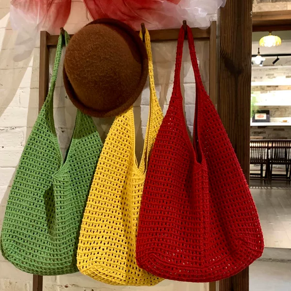 2026 New Hollow Mesh Ins-style Knitted Bag, Fashionable Summer Large-capacity Lazy-style Single-shoulder Knit Bag
