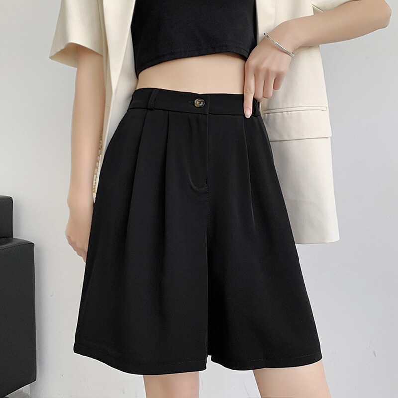 Ice Silk Suit Shorts for Women, Summer Thin Style, Plus Size, High-Waisted, Loose, Slimming A-Line Wide-Leg Shorts
