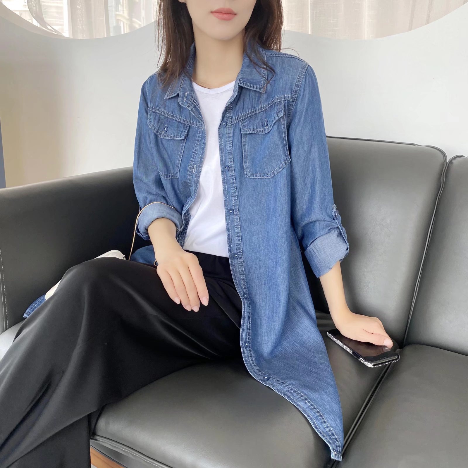 ​​Women’s Tencel Denim Shirt – Upgraded Breathable Long Sleeve Blouse (Light/Dark Blue, M-XXXL)​​_mkmklike.com
