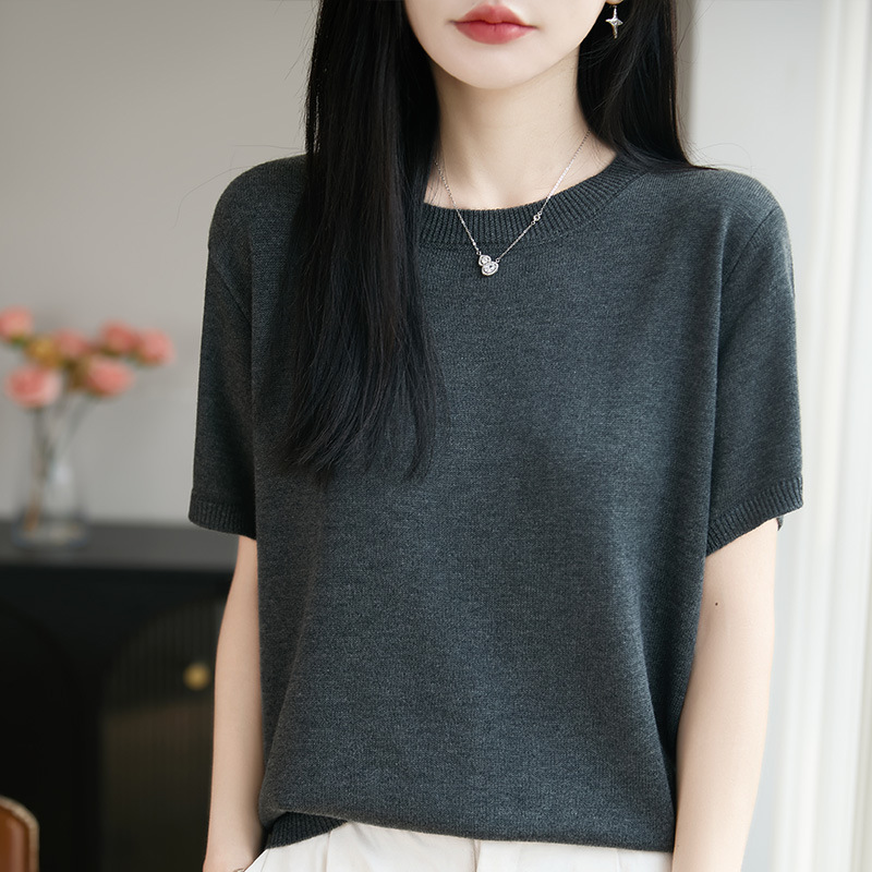 2026 Spring and Summer New Fine-Spun Wool Round-Neck Knitwear Short-Sleeved Women's Pure Color Pullover Bottoming Shirt T-Shirt Top