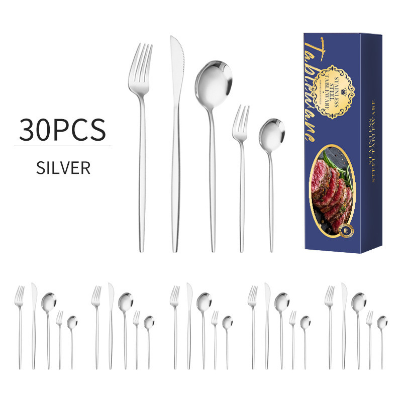 Amazon cubiertos de acero inoxidable transfronterizos set 30 piezas brillante cuchillo y tenedor portugués cuchillo y tenedor de filete de restaurante occidental cuchara