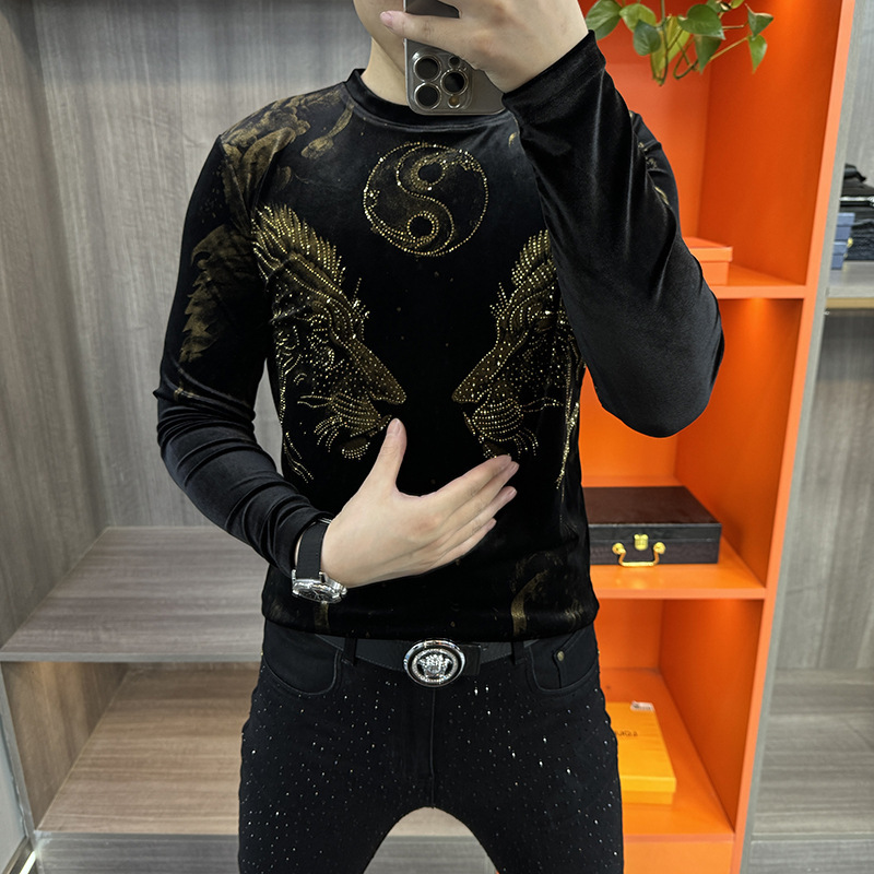 New Round Neck Sweater Autumn European Fashion Handsome Long-sleeved Men's T-shirt Trendy Base Shirt All-match Gold Velvet