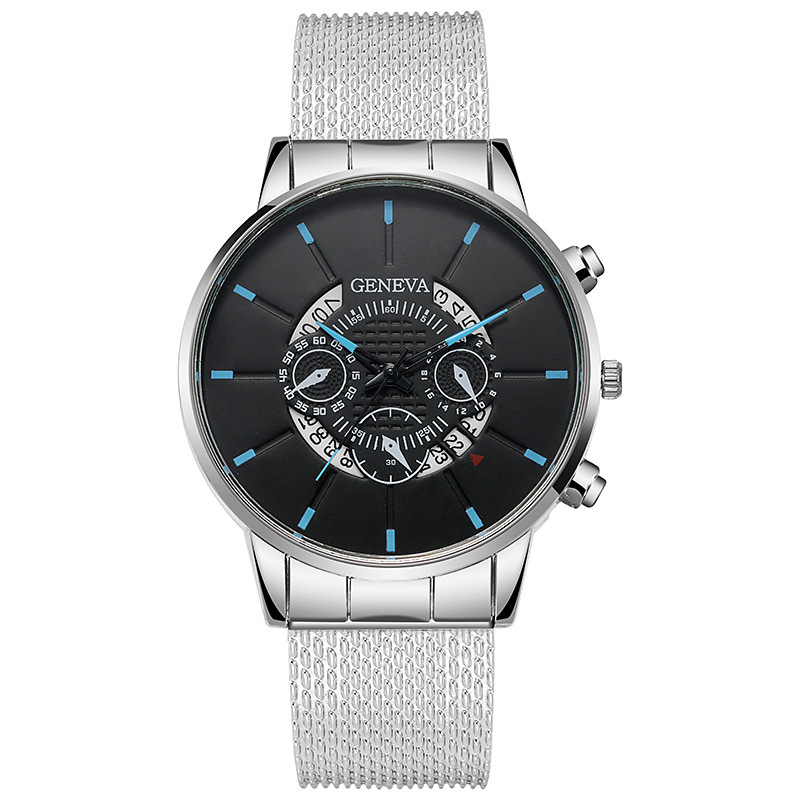 GENEVA Fake New Three Eyes Freizeit Business Kalender Gummi Mesh Herren Quarzuhr_voghion.com